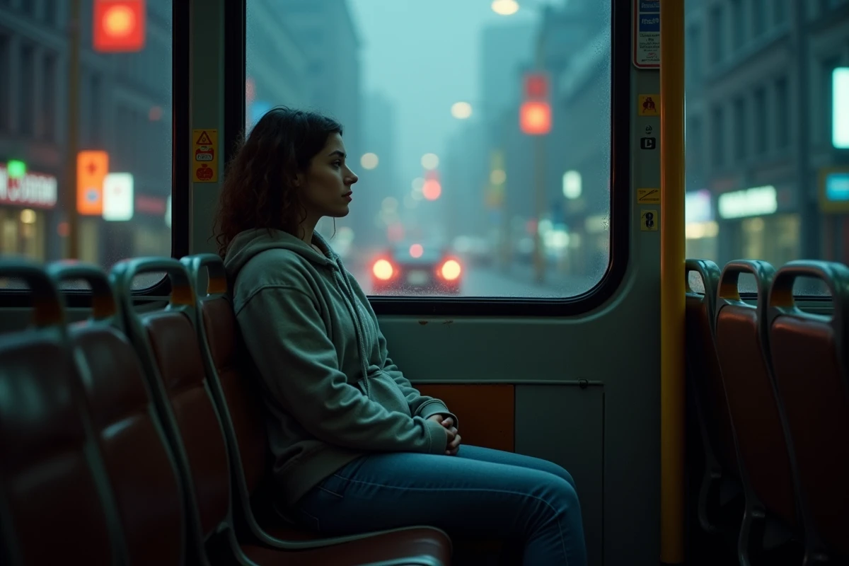 Jeune femme dans un bus urbain la nuit