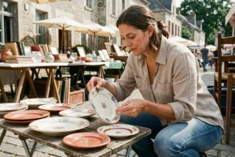 Femme inspectant des céramiques vintage sur un stand de vide-grenier en Bretagne