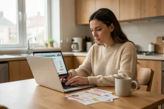 Femme comparant les prix Black Friday sur un ordinateur portable dans une cuisine moderne, entourée de prospectus de promotions