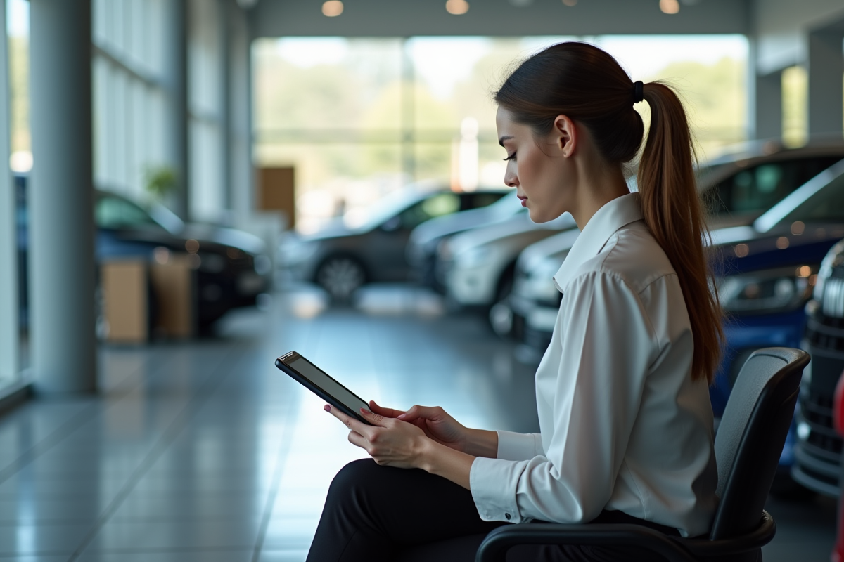 Jeune femme dans une concession automobile examine un tableau de sécurité
