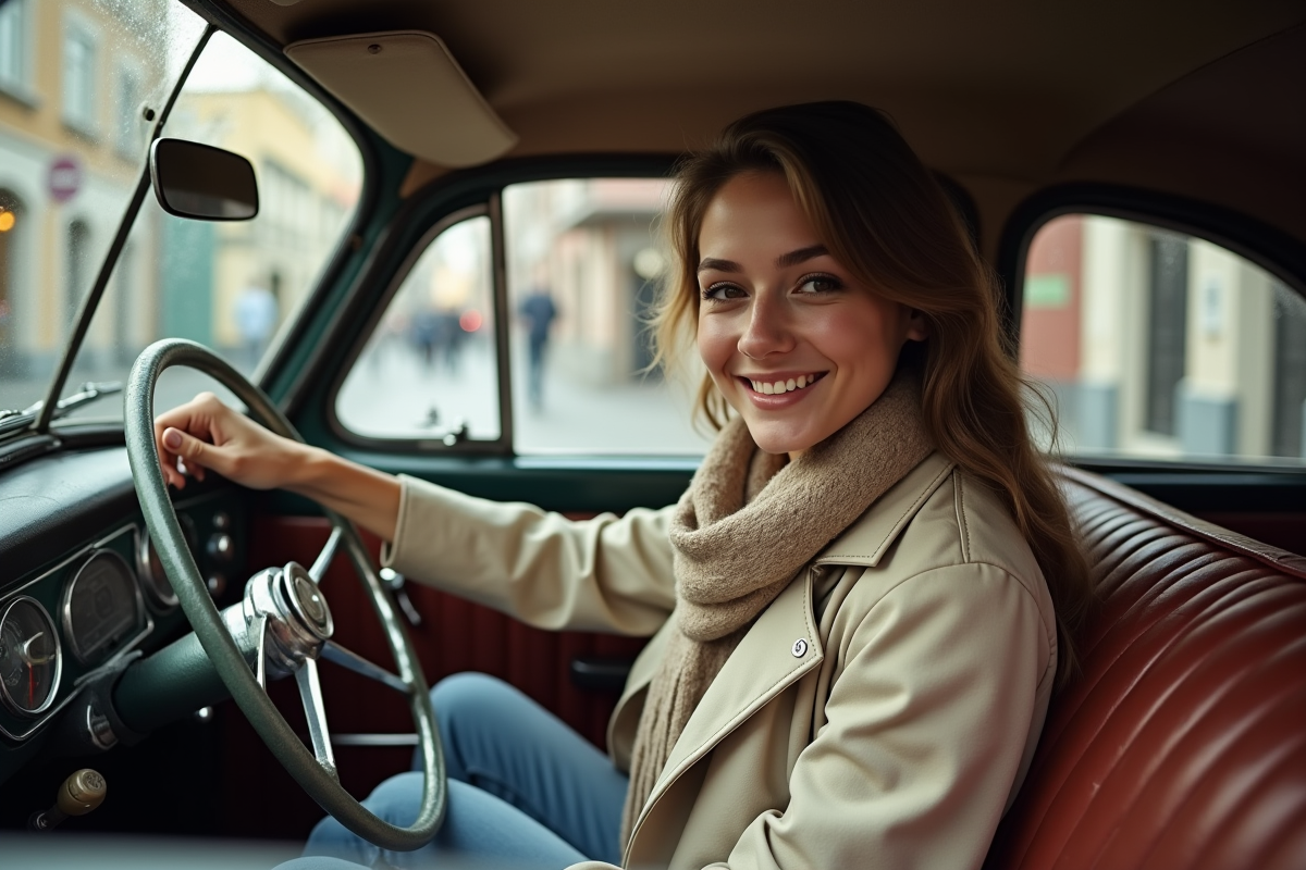 Jeune femme souriante dans une voiture ancienne intérieurement