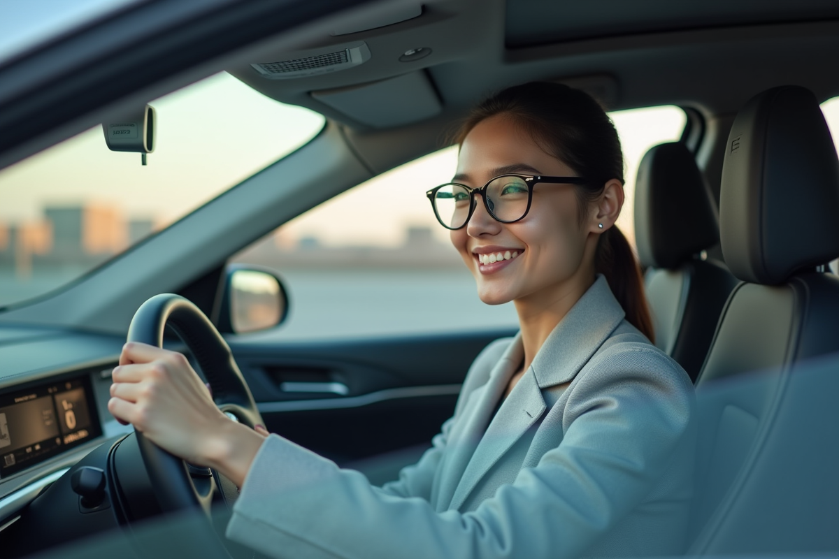Jeune femme dans voiture hydrogene au volant