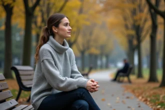 Femme assise seule sur un banc de parc en automne, regard déterminé symbolisant la reconstruction de confiance en soi après une trahison