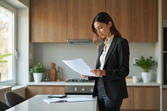 Femme professionnelle examine un contrat de location dans une cuisine moderne