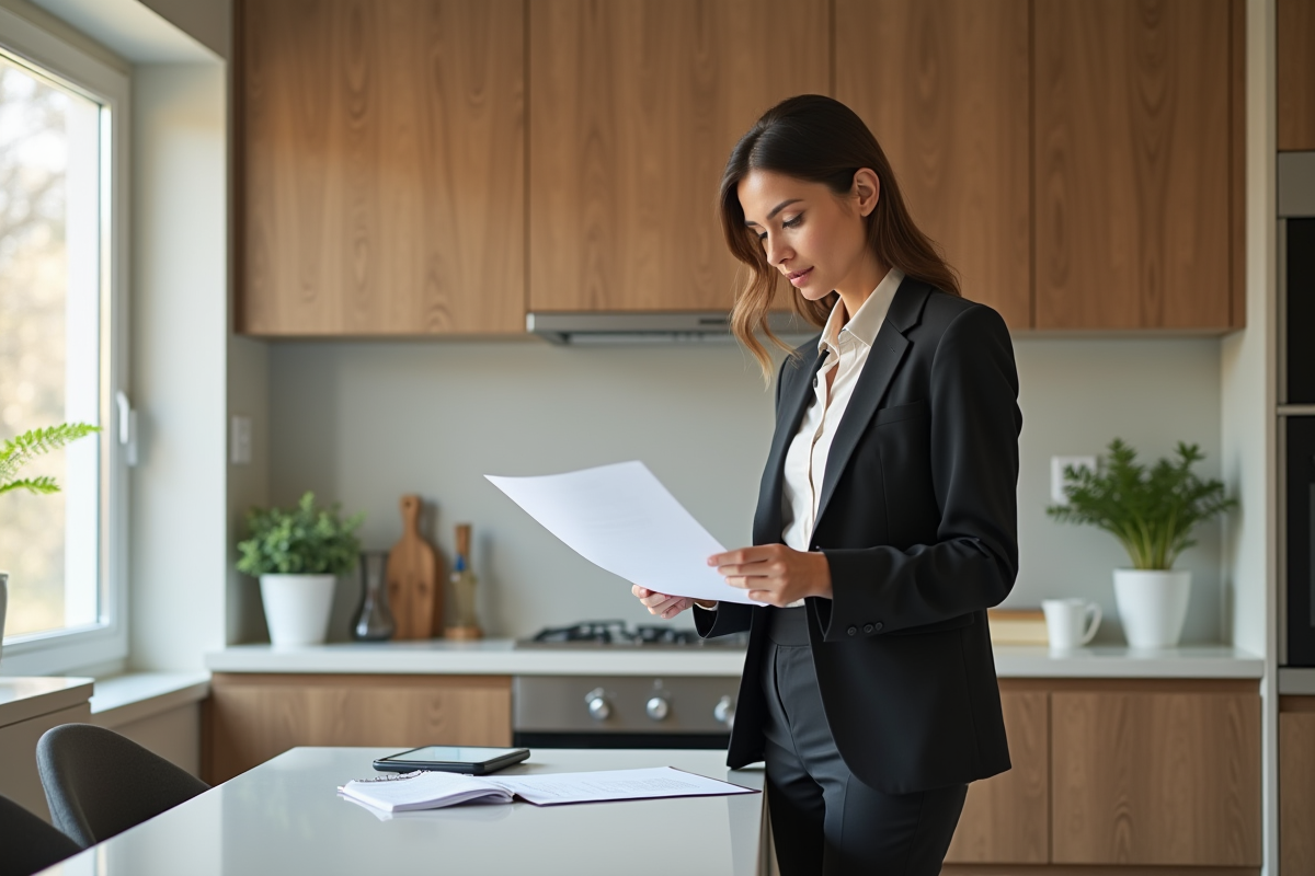 Femme professionnelle examine un contrat de location dans une cuisine moderne