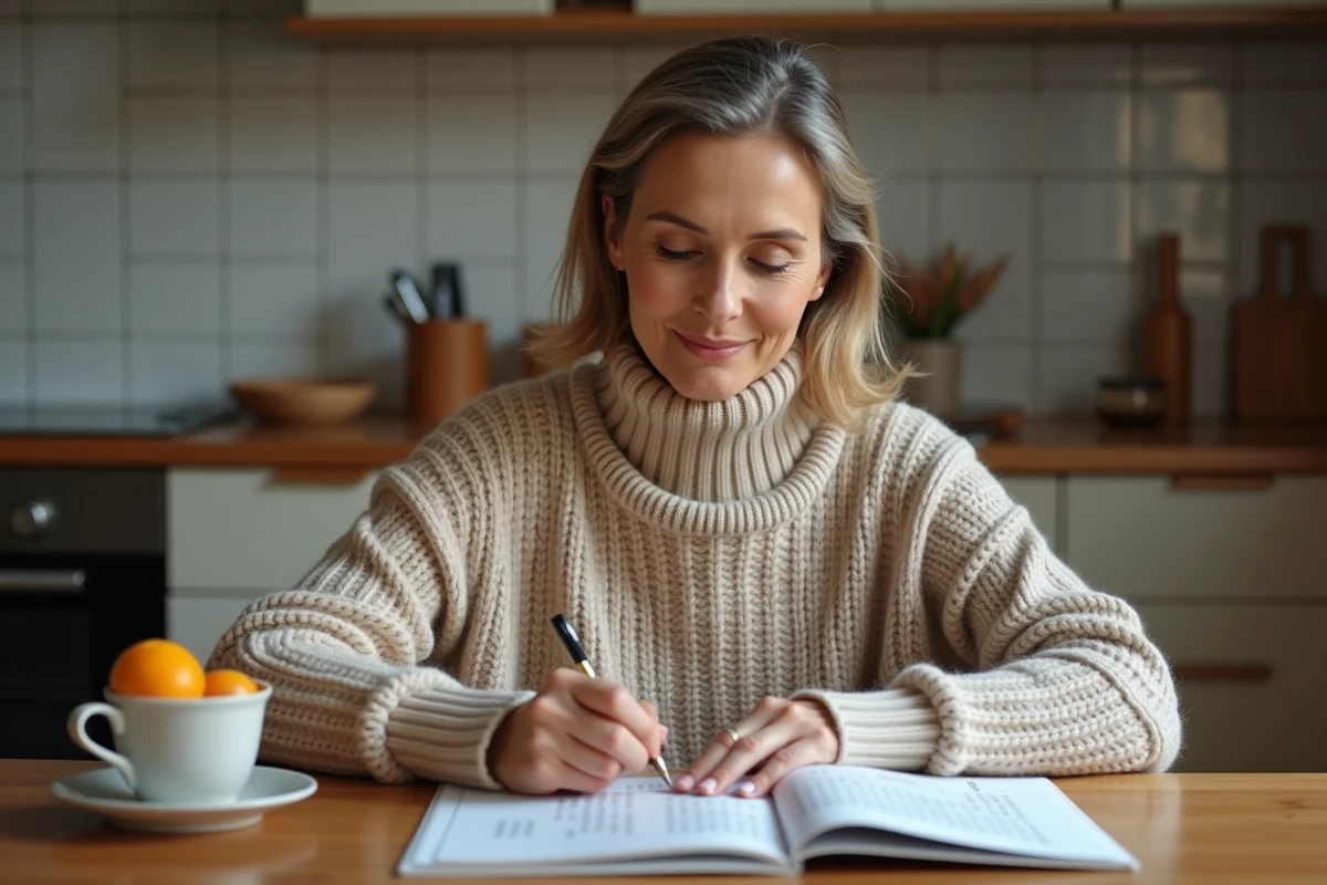 Femme d'âge moyen résolvant un crossword dans sa cuisine chaleureuse