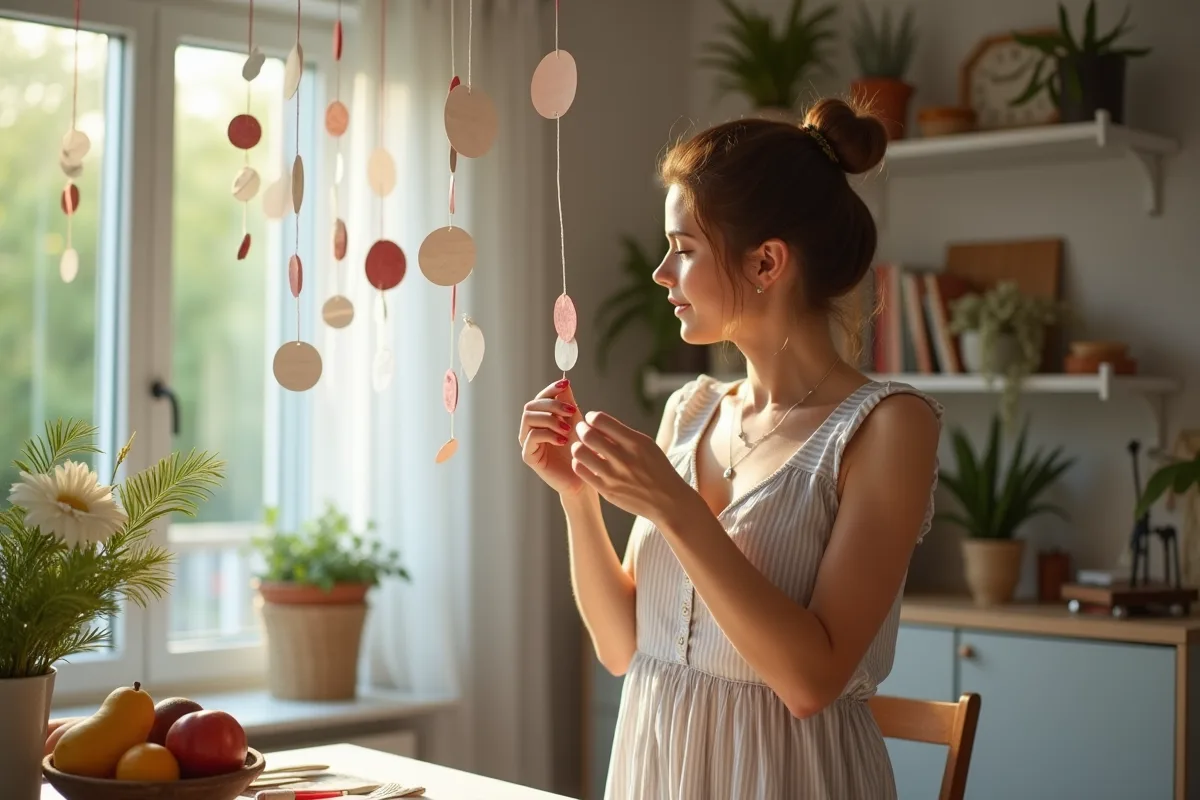 Femme suspendant des decorations en papier dans le salon