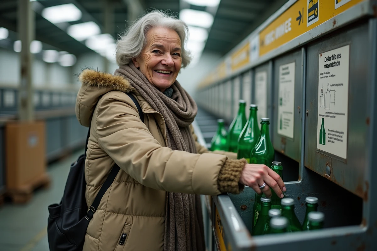 Femme senior déposant des bouteilles en verre dans un centre de recyclage