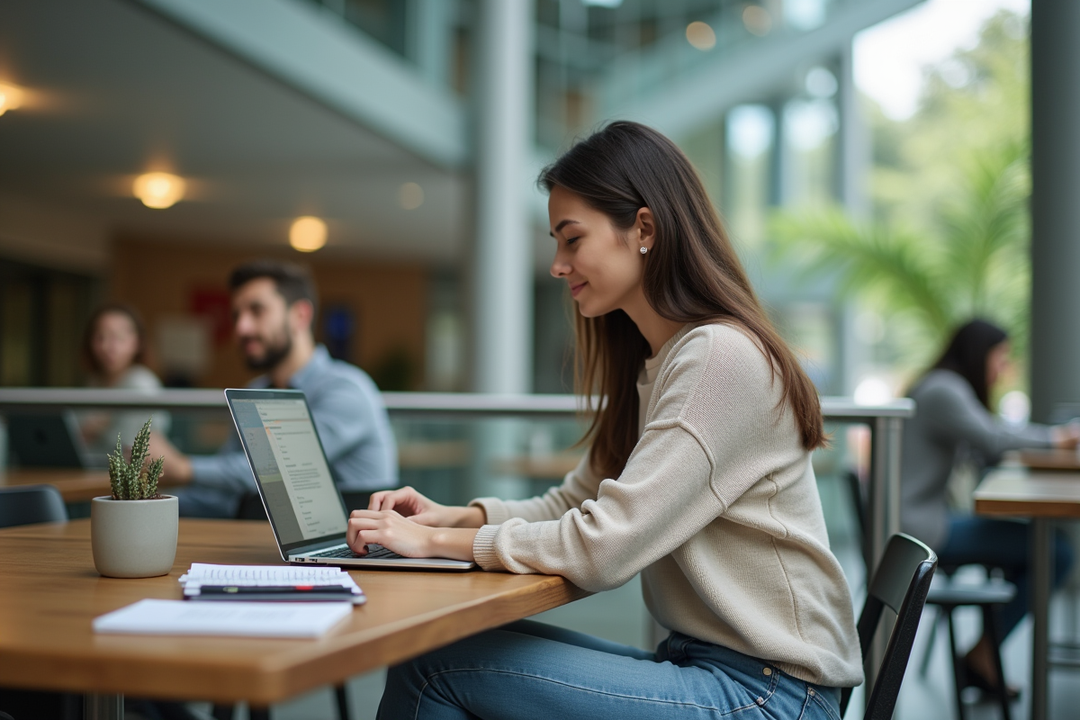 Jeune femme étudiante utilise interface cloud sur ordinateur