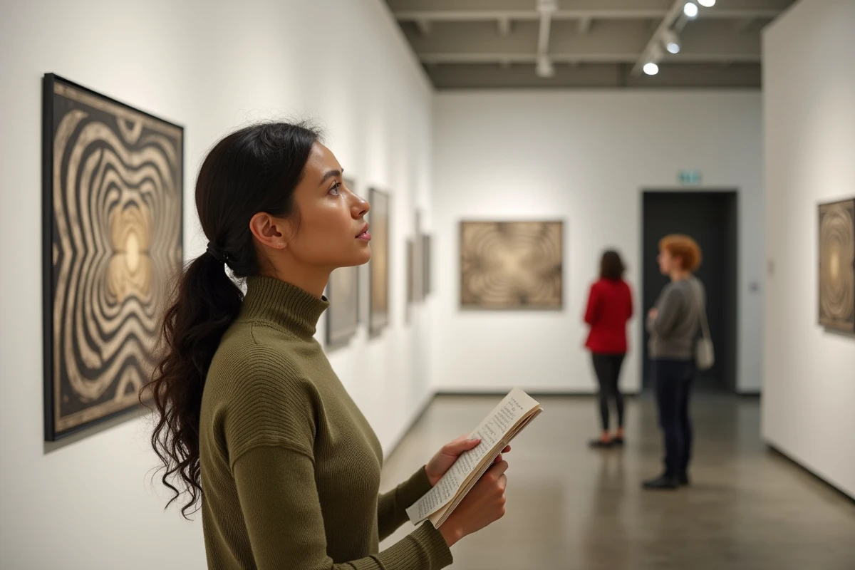 Jeune femme admirant des œuvres d'Escher encadrées dans une galerie d'art moderne