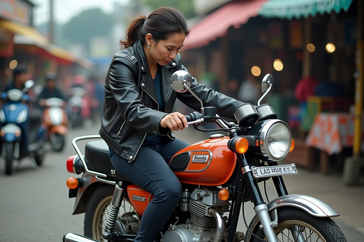 Femme examinant une Honda Dax d