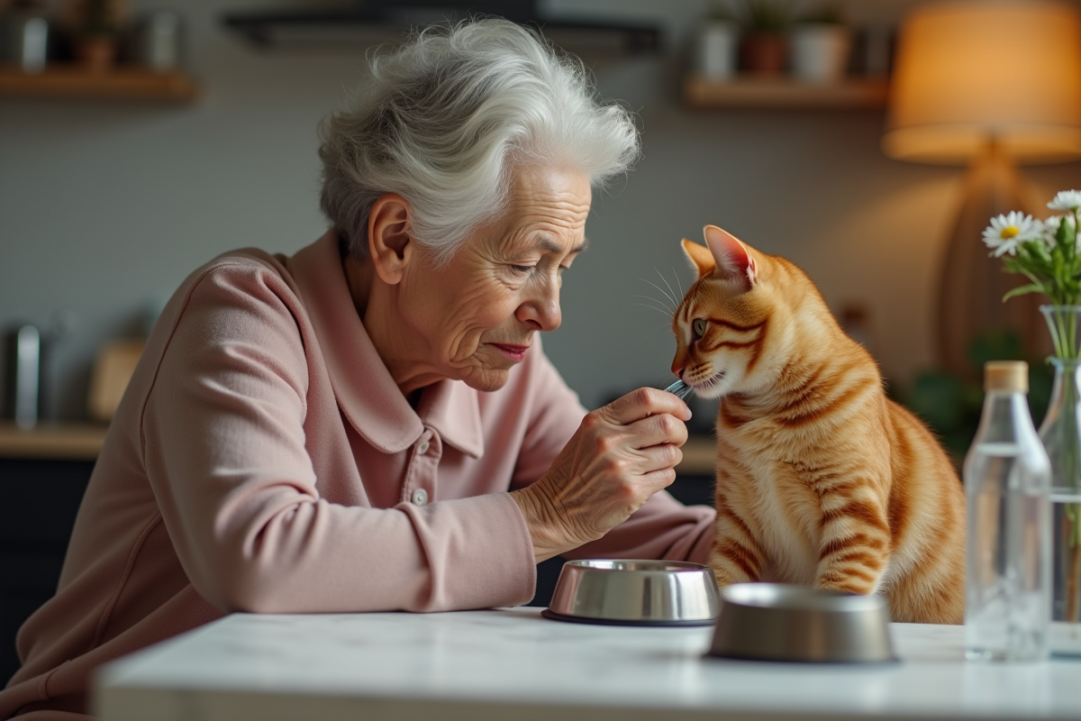 Femme âgée injectant de l insuline à son chat ginger