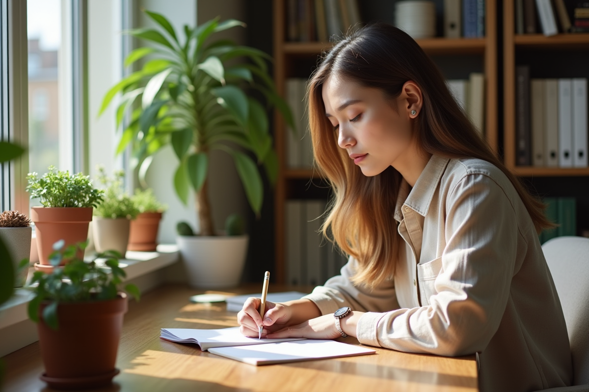 Femme en journal intime dans un bureau lumineux et cosy