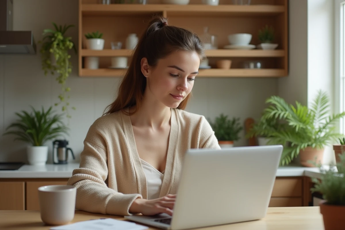 Femme assise à une table de cuisine moderne tapant une critique