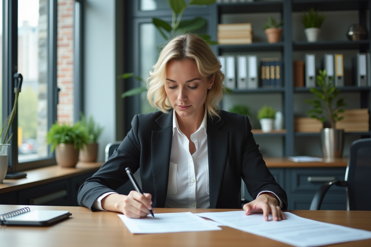 Femme d'affaires examine des documents de bail dans un bureau moderne