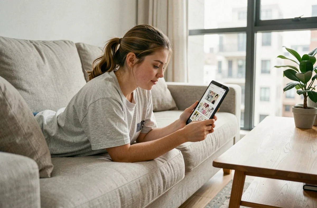 Jeune femme lisant des scans manga sur une tablette allongée sur un canapé dans un appartement moderne