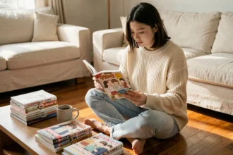 Jeune femme lisant un manga yaoi entourée de livres manga empilés sur un plancher en bois, ambiance cosy et intimiste