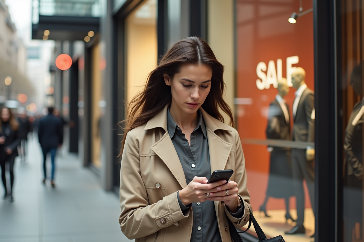 Jeune femme sortant d’un centre commercial avec trench beige