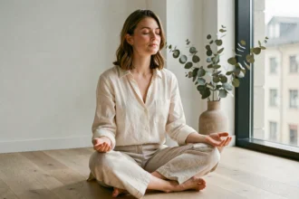 Femme méditant dans un appartement minimaliste, illustrant la signification karmique du chiffre angélique 222