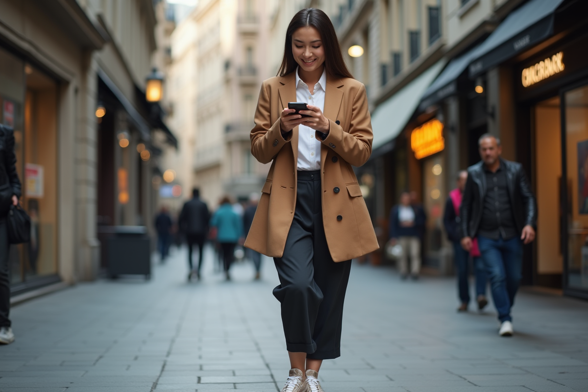Femme élégante en blazer oversized dans la ville