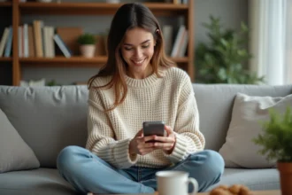 Femme jouant à Monopoly GO sur smartphone dans un salon cosy, stratégie de liens quotidiens pour obtenir des dés gratuits