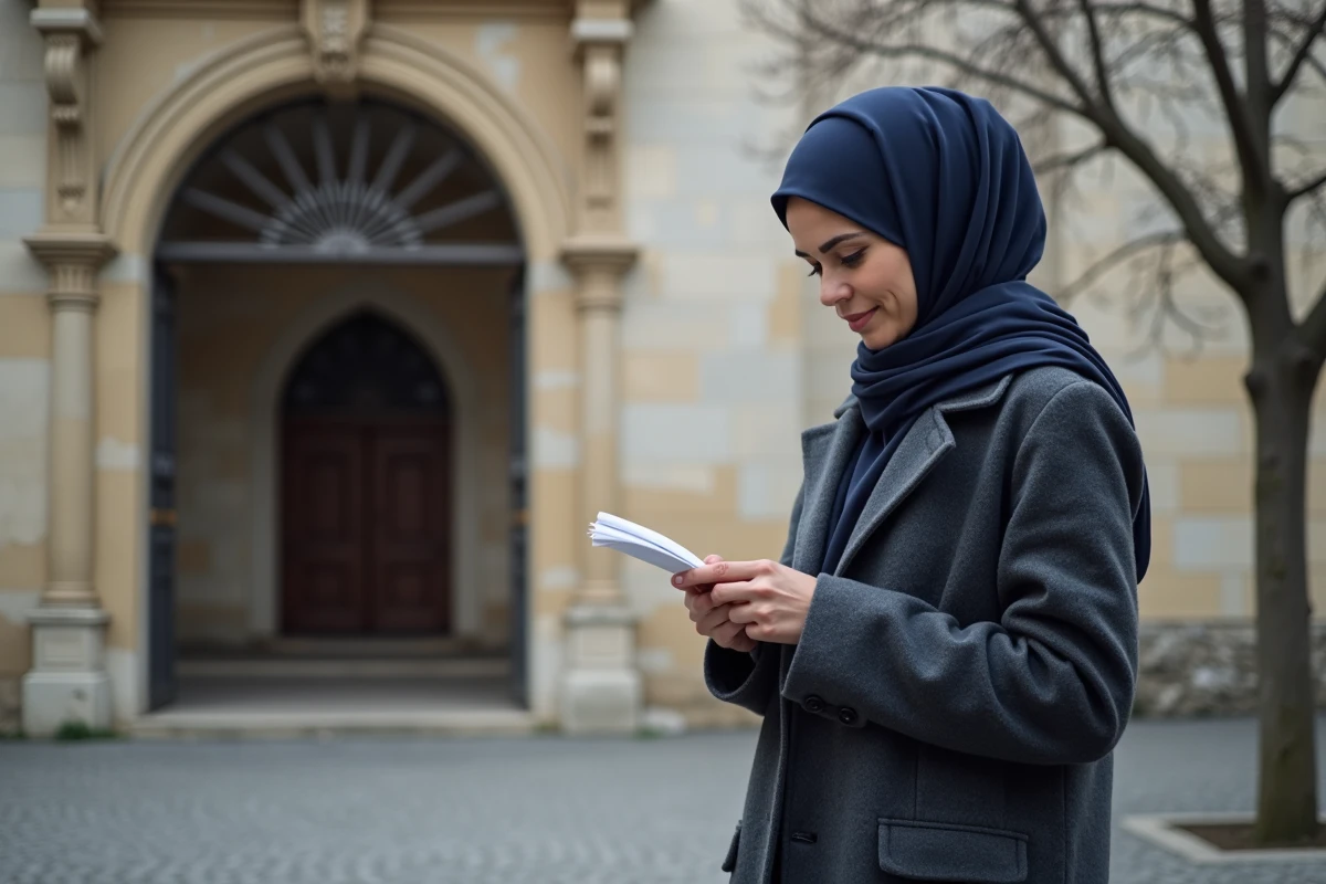 Femme consultant ses notes devant l'entrée d'une mosquée parisienne pour connaître l'heure de la prière