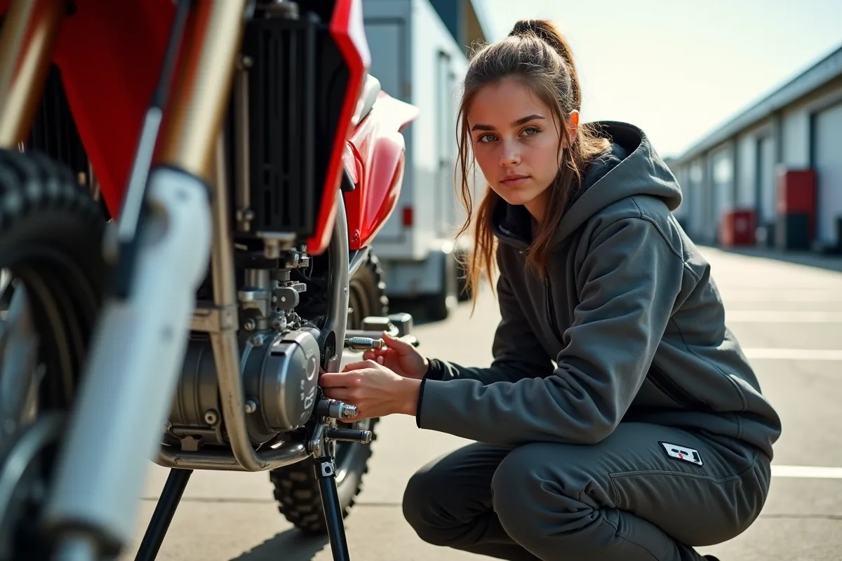 Femme motocross inspectant suspension de sa moto