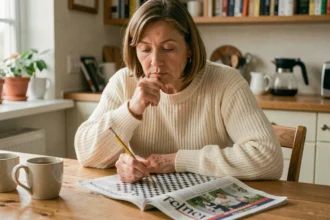 Femme concentrée résolvant des mots fléchés dans sa cuisine le matin avec un crayon et un magazine de jeux