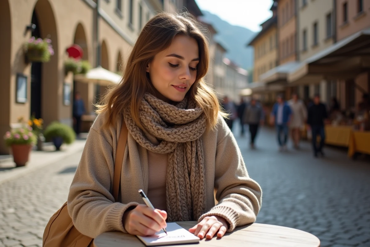 Jeune femme note dans un café en ville roumaine