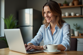 Femme d'âge moyen utilisant un ordinateur pour payer en cuisine