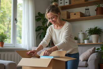 Femme d'âge moyen rangeant des affaires dans des boîtes étiquetées