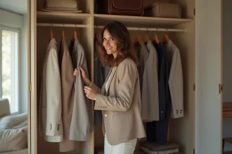 Femme élégante choisissant un blazer dans un placard organisé