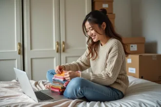 Jeune femme plie des vêtements colorés dans sa chambre lumineuse