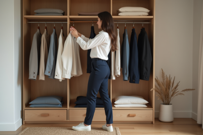 Femme arrangeant des pulls dans une chambre lumineuse