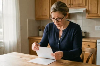 Femme ouvrant une lettre urgente reçue par courrier postal dans sa cuisine