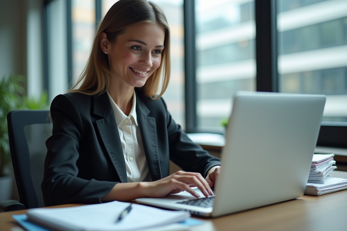 Femme professionnelle tapant sur un ordinateur portable dans un bureau moderne