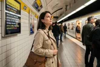 Femme consultant un panneau d'information en temps réel sur le quai du métro RATP à Paris