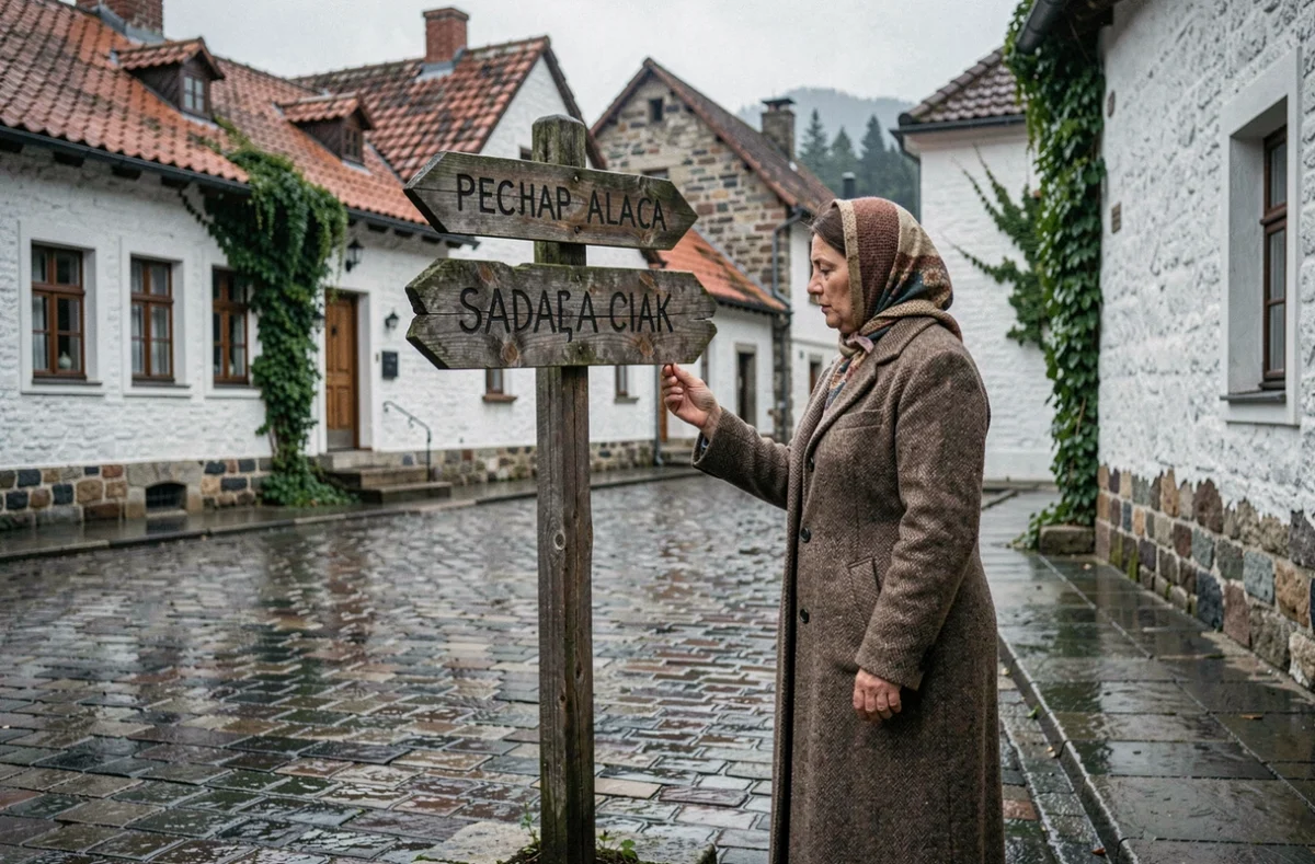 Femme en manteau de laine lisant un panneau en bois sculpté avec un toponyme slave sur une place de village en Europe de l'Est sous la pluie