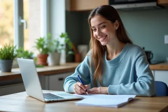 Jeune femme souriante remplissant des papiers administratifs à la maison