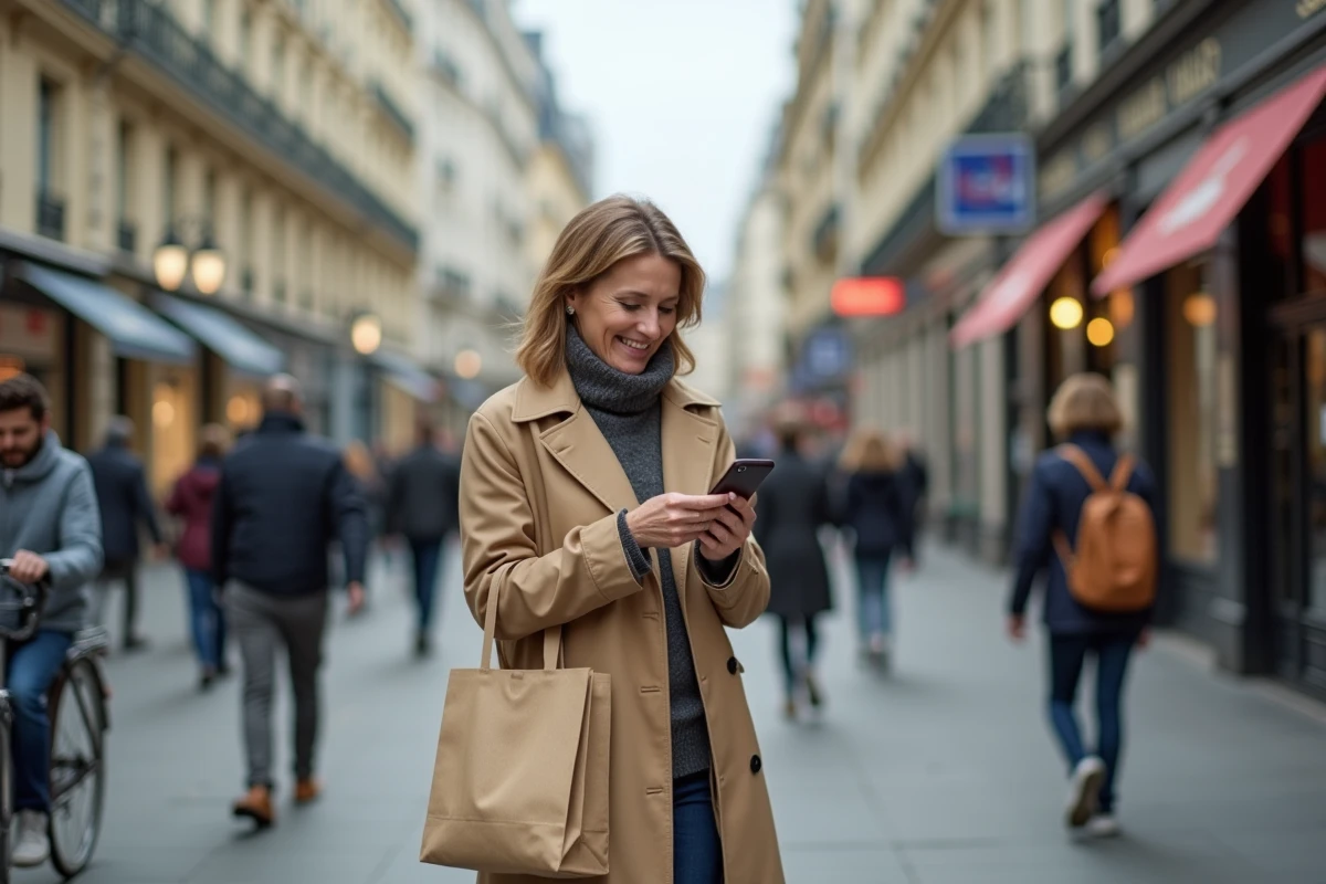 Femme parisienne en trench-coat vérifiant son téléphone