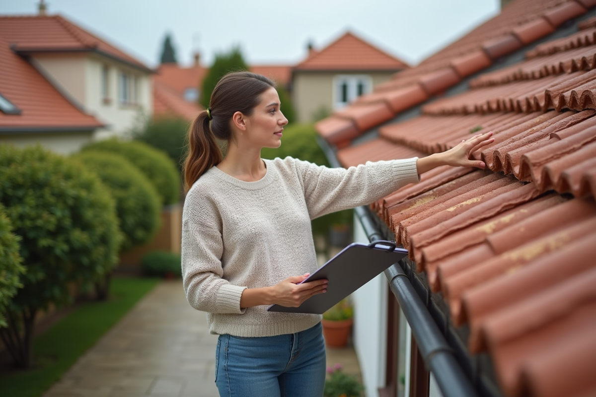 Jeune femme pointant son toit en tuiles rouges avec un contractant