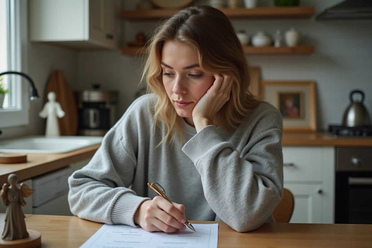 Femme contemplative remplissant un quiz spirituel dans la cuisine
