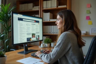 Femme consultant des archives web et des alternatives de recherche sur un ordinateur de bureau dans un bureau à domicile