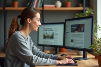 Femme utilisant les paramètres d'un navigateur pour bloquer les publicités intrusives sur un site de défilement de contenu