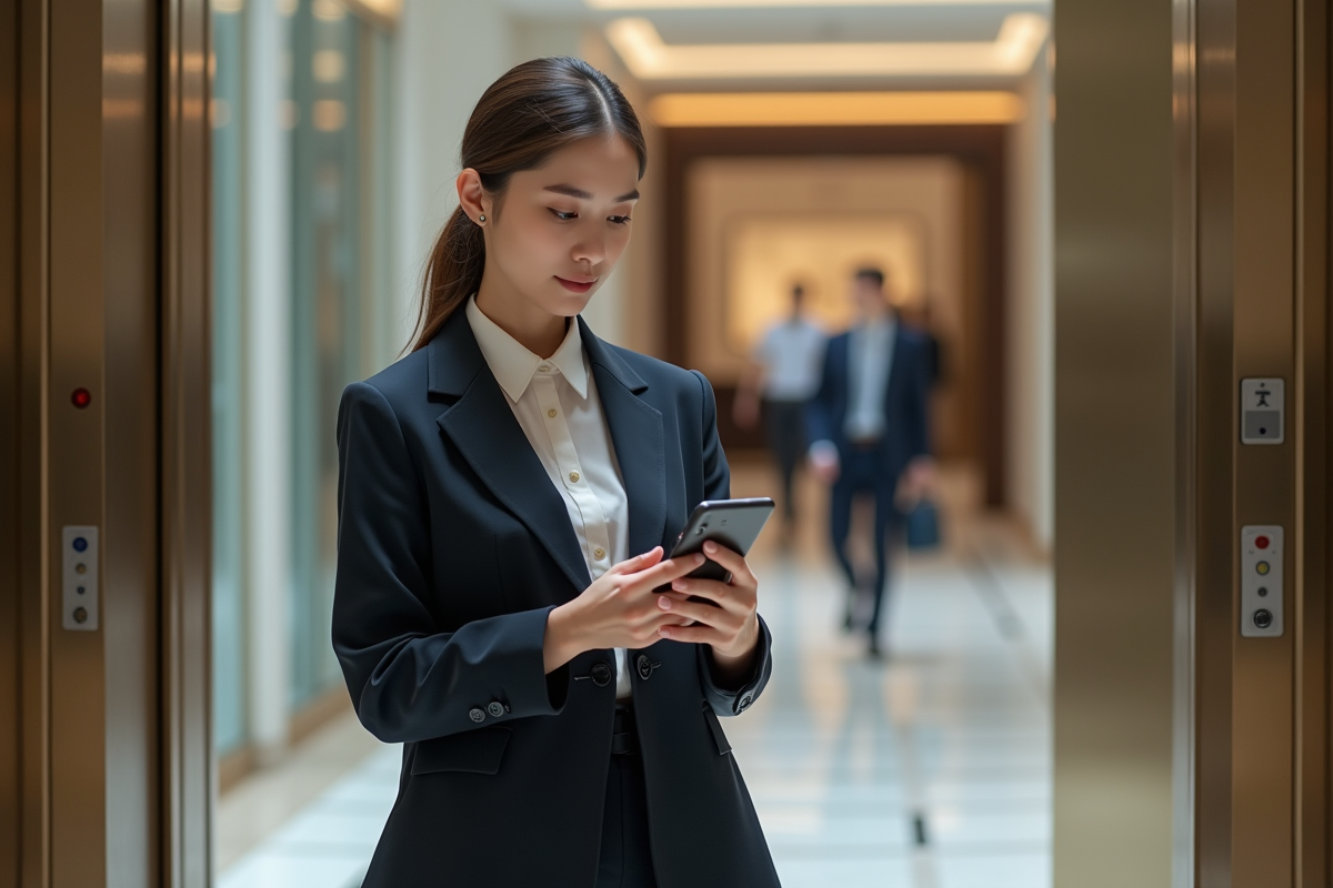 Jeune femme avec clé USB et smartphone près de l