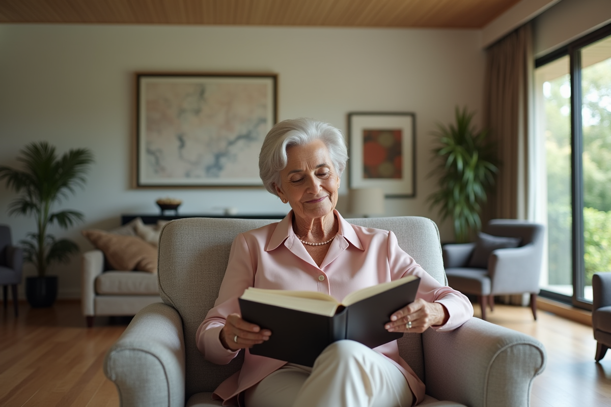 Femme senior élégante lisant dans un salon moderne