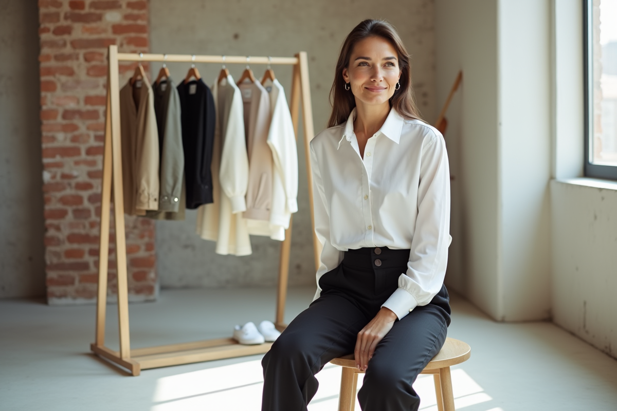 Femme en blanc et pantalon noir assise à un vestiaire minimaliste dans un loft