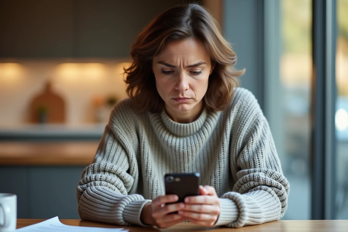Femme d'âge moyen examine son smartphone dans la cuisine