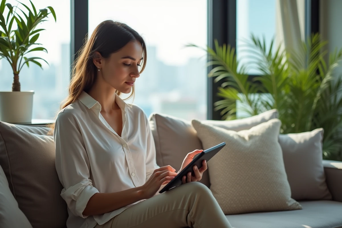 Jeune femme regardant un téléphone et un tablet dans un salon lumineux