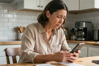 Femme stressée tenant une facture téléphonique élevée et regardant son smartphone dans une cuisine moderne